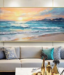 preiswerte -Handgefertigte Ölgemälde auf Leinwand, Wandkunst, Dekoration, abstrakter Sonnenuntergang, Meereslandschaft, Gemälde für Heimdekoration, gerolltes, rahmenloses, ungedehntes Gemälde