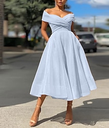 economico -Abiti da prom A-Line abito vintage ospite matrimonio estate tè lunghezza senza maniche off spalla organza scoperto con abiti arricciati