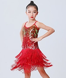 levne -latinské tance dětské taneční oblečení šaty s třásněmi střapec čistá barva splicing dívčí výkon trénink bez rukávů polyester flitrovaný