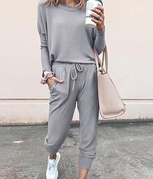 billiga -kvinnors pyjamas pyjamas topp och byxa set ren färg mode avslappnad mjukt hem daglig säng andas rund hals långärmad t-shirt t-shirt byxficka elastisk midja sommar vår