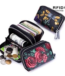 economico -portacarte da donna rfid moda portacarte in pelle crosta con doppia cerniera portafogli da donna con stampa floreale 3d di grande capacità