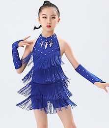 cheap -Latin Dance Kids' Dancewear Dress Crystal / Rhinestone Tassel Hollow-out Girls' Performance Training Sleeveless Polyester