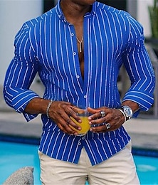 cheap -Men's Shirt Button Up Shirt Casual Shirt Summer Shirt Beach Shirt Hot Pink Blue Green Long Sleeve Stripes Button Down Collar Daily Vacation Clothing Apparel Fashion Casual Comfortable