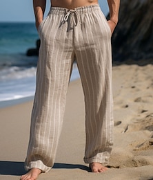 cheap -Men's Linen Pants Trousers Summer Pants Drawstring Elastic Waist Straight Leg Stripe Comfort Breathable Outdoor Daily Going out Linen Cotton Blend Fashion Casual Black White