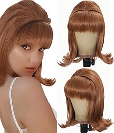 economico -Parrucca a Nido d'Api Castana per Donne Parrucca degli Anni '60 '70 con Frangia Mossi Sintetica Vintage Drag Queen Parrucche Cosplay Parrucche per Feste Parrucche di Halloween