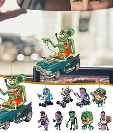 abordables -Pendentif de voiture monstre à grande bouche en cartoon 2PCS modèle de poupée en acrylique plat statue de souris folle Rat Fink accessoires de voiture d'Halloween décoration d'intérieur