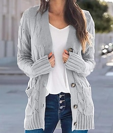 cheap -Women's Cardigan Sweater Open Front Cable Chunky Knit Button Pocket Fall Winter Tunic Daily Casual Soft Long Sleeve Solid Color Dark powder Black White S M L