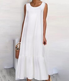 Χαμηλού Κόστους -Γυναικεία Λευκό φόρεμα Καθημερινό φόρεμα Φόρεμα από βαμβακερό λινό Μακρύ φόρεμα Μείγμα Λινό / Βαμβάκι Βασικό Κλασσικό Καθημερινά Διακοπές Παραλία Στρογγυλή Ψηλή Λαιμόκοψη Με Βολάν Αμάνικο