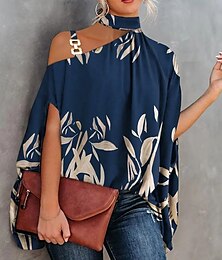 economico -camicetta da donna elegante vintage moda floreale ritagliata stampa spalle scoperte manica corta top regolari collo alto casual festa nero bianco blu navy blu cachi
