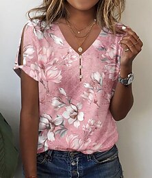 お買い得  -女性用 Tシャツ ヘンリーシャツ フラワー 祝日 週末 ボタン 切り抜き プリント ピンク 半袖 ベーシック Ｖネック