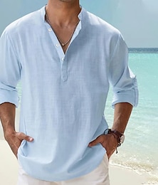 baratos -Homens camisa de linho Camisa Popover Camisa casual camisa de praia Preto Branco Rosa Manga Longa Tecido Henley Primavera Verão Havaiana Feriado Roupa