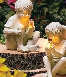 economico -outdoor luminoso ragazzo e ragazza resina cortile decorazione del giardino scultura da giardino cortile solare illuminato lucciola vaso con interruttore 40mah batteria creativo cortile scultura