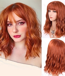 baratos -Perucas Laranja Vermelha para Mulheres Curta Ondulada Bob com Franja Peruca Cacheada Ruiva Comprimento até o Ombro Cabelo Vermelho Cobre 14 Polegadas Peruca Sintética Colorida para Cosplay Uso Diário