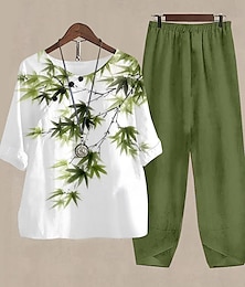 cheap -Women's Shirt Pants Sets Floral Holiday Weekend Print Army Green Half Sleeve Basic Round Neck Fall & Winter