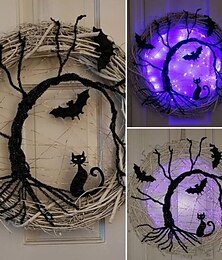 billige -30 cm glad halloween dekorasjon krans med LED, lys opp svart flaggermus katt krans anheng for halloween dekorasjon hjemme fest rekvisita