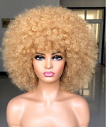 baratos -Peruca Curta Afro com Franja para Mulheres Negras Cabelo Afro Crespo e Encaracolado Peruca Grande Afro Premium Sintética Halloween Fantasia Festa