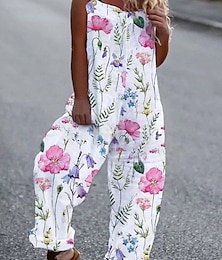 cheap -White Jumpsuits for Women Casual Summer Overall Button Pocket Floral U Neck Holiday Daily Vacation Casual Straight Regular Fit Sleeveless Sleeveless S M L