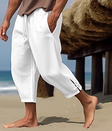 cheap -Men's Linen Pants Summer Pants Cropped Pants Beach Pants Drawstring Elastic Waist Plain Comfort Breathable Calf-Length Casual Daily Holiday Linen Cotton Blend Fashion Classic Style Black White