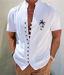 billige -herre bomulds linned skjorte kokos træ grafiske print stand krave hvid blå kaki grå udendørs street kortærmet print tøj tøj mode streetwear designer casual