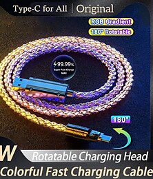 ieftine -180° Rotatable RGB Lighting Charging Cable 6A 120W Super Fast Charging Cable USB A RGB Gradient Charge Line for Iphone HUAWEI Xiaomi