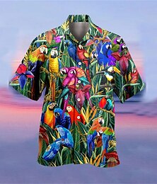 billige -Herre Skjorte Hawaii skjorte Lejrskjorte Grafisk skjorte Aloha skjorte Papegøje Aftæpning Gul Lysegrøn Lyserød Rød Blå 3D-udskrivning udendørs Gade Kortærmet Knap ned Tøj Hawaiiansk Designer