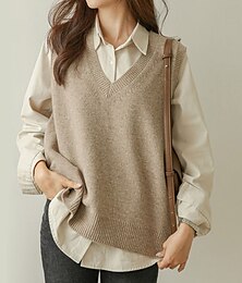 abordables -Femme Pull Gilet mode Décontractées Flexible Couleur unie Maillard A côtes Col V énorme Sans Manches Tricoter du quotidien Sortie Fin de semaine Noir Bleu Roi Eté Automne