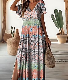 abordables -Robe Maxi Femme Fleurie Ditsy Fleurie Imprimé Fendu Col V Quotidien Vacances Manches Courtes Été Printemps