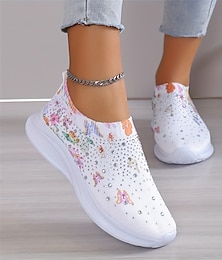 cheap -Women's Sneakers Flats Slip-Ons Plus Size Flyknit Shoes Outdoor Daily Solid Color Summer Rhinestone Flat Heel Round Toe Casual Comfort Minimalism Walking Tissage Volant Loafer White & Red White Yellow