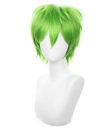 abordables -perruque cosplay verte courte hérissée duveteuse résistante à la chaleur en cheveux synthétiques en couches pour hommes et femmes, perruque de fête de carnaval