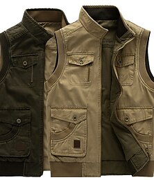 billiga -Herr Gilet Dagliga kläder Semester Utekväll Mode Ledigt Vår & Höst Flera fickor 95% bomull Bekväm Slät Dragkedja Hög krage Normal Khaki grön Armégrön Väst
