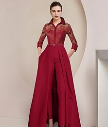 preiswerte -Jumpsuit  Hosenanzug für die Mutter der Braut Formal Hochzeitsgast Elegantes Partyhemd Kragen Knöchellang Satin Spitze 3/4 Länge Ärmel mit Falten maßgeschneiderte Größe
