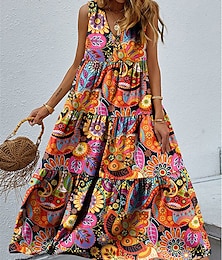 olcso -Női Ujjatlan ruha Virágos Paisley Fodrozott Nyomtatott V-alakú Maxi hosszú ruha Napi Vakáció Ujjatlan Nyár Tavasz