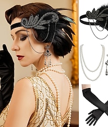 cheap -1920s Flapper Headband Feather Accessories Set for Women 4 PCS Roaring 20s Great Gatsby Faux Pearl Necklace Gloves Earrings Masquerade Halloween Carnival