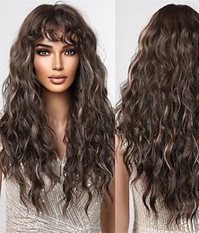 cheap -Long Brown Hightlight Curly Wigs For Black Women Brown Mixed Blonde Water Wave Wig With Bangs Natural Looking