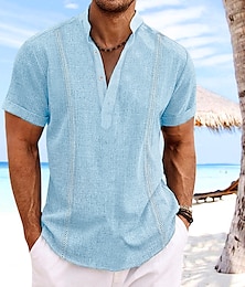 voordelige -Voor heren Overhemd linnen overhemd Guayabera-shirt Popover-shirt Zomer overhemd Strand hemd Wit Marineblauw blauw Korte mouw Effen Kraag Zomer Casual Dagelijks Kleding