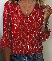 preiswerte -Damen T Shirt Graphic Täglich Wochenende Bedruckt Rosa 3/4 Ärmel Basic Neon und Hell V Ausschnitt