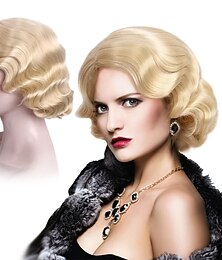 economico -Parrucca Bionda Anni '20 per Donne Parrucca Corto Finger Wave Parrucca Sintetica Completa Vintage per Donne Costume Cosplay Abito Elegante Parrucca Flapper Anni '20 Parrucche di Halloween
