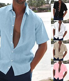 abordables -Hombre camisa de lino Camisa de verano Camisa de playa Negro Blanco Azul Piscina Manga Corta Color sólido Cuello Vuelto Verano Hawaiano Festivos Ropa Abotonar
