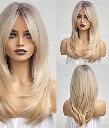 cheap -Ombre Blonde Wigs with BangsShoulder Length Ash Blonde Wig for Women Layered Wigs Dark Roots Synthetic Wigs for Daily Party 24IN