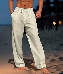 cheap -Men's Linen Pants Trousers Summer Pants Beach Pants Drawstring Elastic Waist Pleats Plain Comfort Breathable Casual Daily Holiday Linen / Cotton Blend Fashion Classic Style Black White