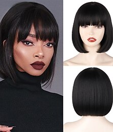 preiswerte -Schwarze Kurze Bob-Perücke Gerade Schwarze Bob-Perücke mit Pony 10 Zoll Gerade Bob-Pony-Perücke für Frauen Natürlich aussehend für Täglichen Gebrauch Halloween-Perücken