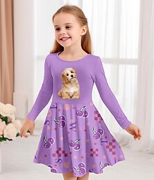 cheap -Girls' 3D Graphic Dog Cherry Dress Long Sleeve 3D Print Summer Fall Sports & Outdoor Daily Holiday Cute Casual Beautiful Kids 3-12 Years Casual Dress A Line Dress Above Knee Polyester Regular Fit