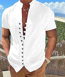 お買い得  -Men's Linen Shirt Summer Shirt Beach Shirt Black White Pink Short Sleeve Plain Stand Collar Spring & Summer Hawaiian Holiday Clothing Apparel Basic