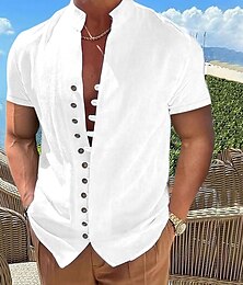 cheap -Men's Linen Shirt Summer Shirt Beach Shirt Black White Pink Short Sleeve Plain Stand Collar Spring & Summer Hawaiian Holiday Clothing Apparel Basic