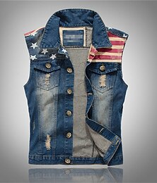 voordelige -Voor heren Vest Denim vest Alledaagse kleding Vakantie Uitgaan Modieus Basic Lente & Herfst nappi Zak Katoenmix Comfortabel Nationale vlag Enkele rij knopen Revers Normale pasvorm Blauw Hesje