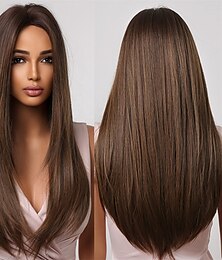 cheap -Brown Wigs for Women Long Straight Layered Synthetic Wig Natural Hair Middle Part