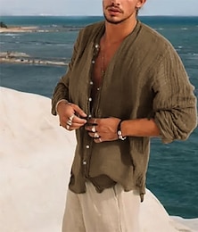 ieftine -Bărbați cămașă de in Cămașă de vară Cămașă de plajă Negru Maro Verde Manșon Lung Simplu Guler de stand Vară Primăvară Casual Zilnic Îmbrăcăminte