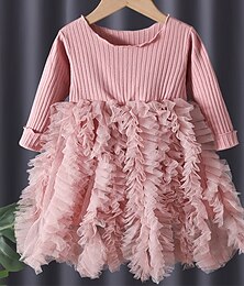 cheap -Toddler Girls' Dress Solid Color Long Sleeve Wedding Party Outdoor Mesh Fashion Cute Streetwear Cotton Mini Party Dress Tulle Dress Spring Fall 3-7 Years Pink