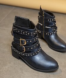 abordables -Botines negros con tachuelas para mujer con múltiples correas con hebillas: diseño vanguardista para looks casuales y de noche