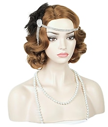 halpa -Ruskea 1920-luvun Flapper Kihara Peruukki Sormikihara Vintage Peruukki Sivujakauksella 1960-luvun Vintage Peruukki Kihara Aaltopituinen Peruukki Cosplay Peruukki Platina Peruukki Vintage Peruukki